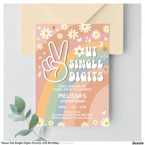 Peace Out Single Digits Groovy 10th Birthday Invitation