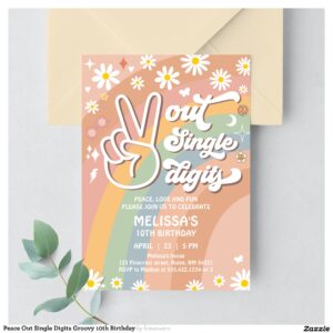 Peace Out Single Digits Groovy 10th Birthday Invitation