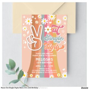 Peace Out Single Digits Retro 70's 10th Birthday Invitation