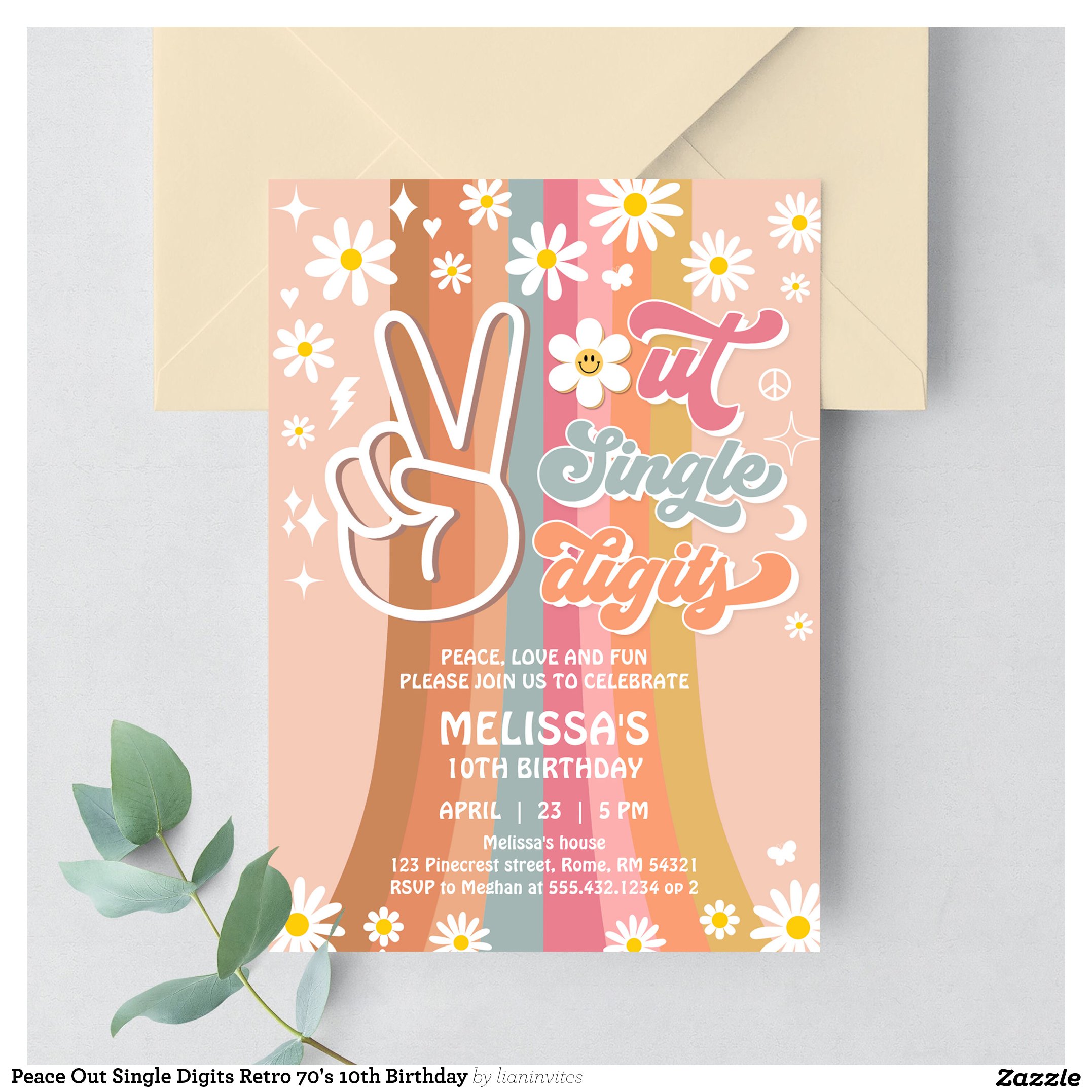 Peace Out Single Digits Retro 70's 10th Birthday Invitation