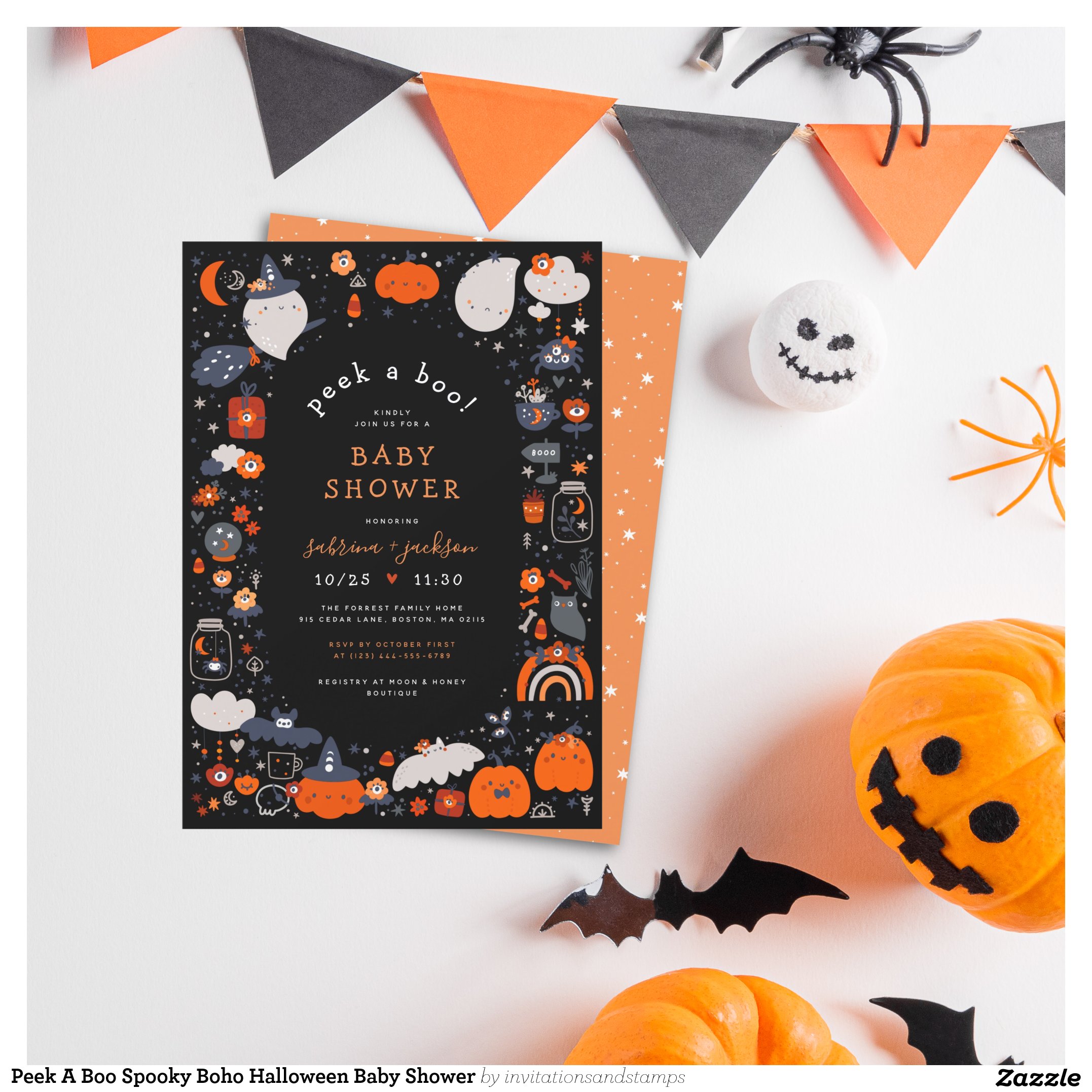Peek A Boo Spooky Boho Halloween Baby Shower Invitation