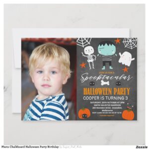 Photo Chalkboard Halloween Party Birthday Invitation