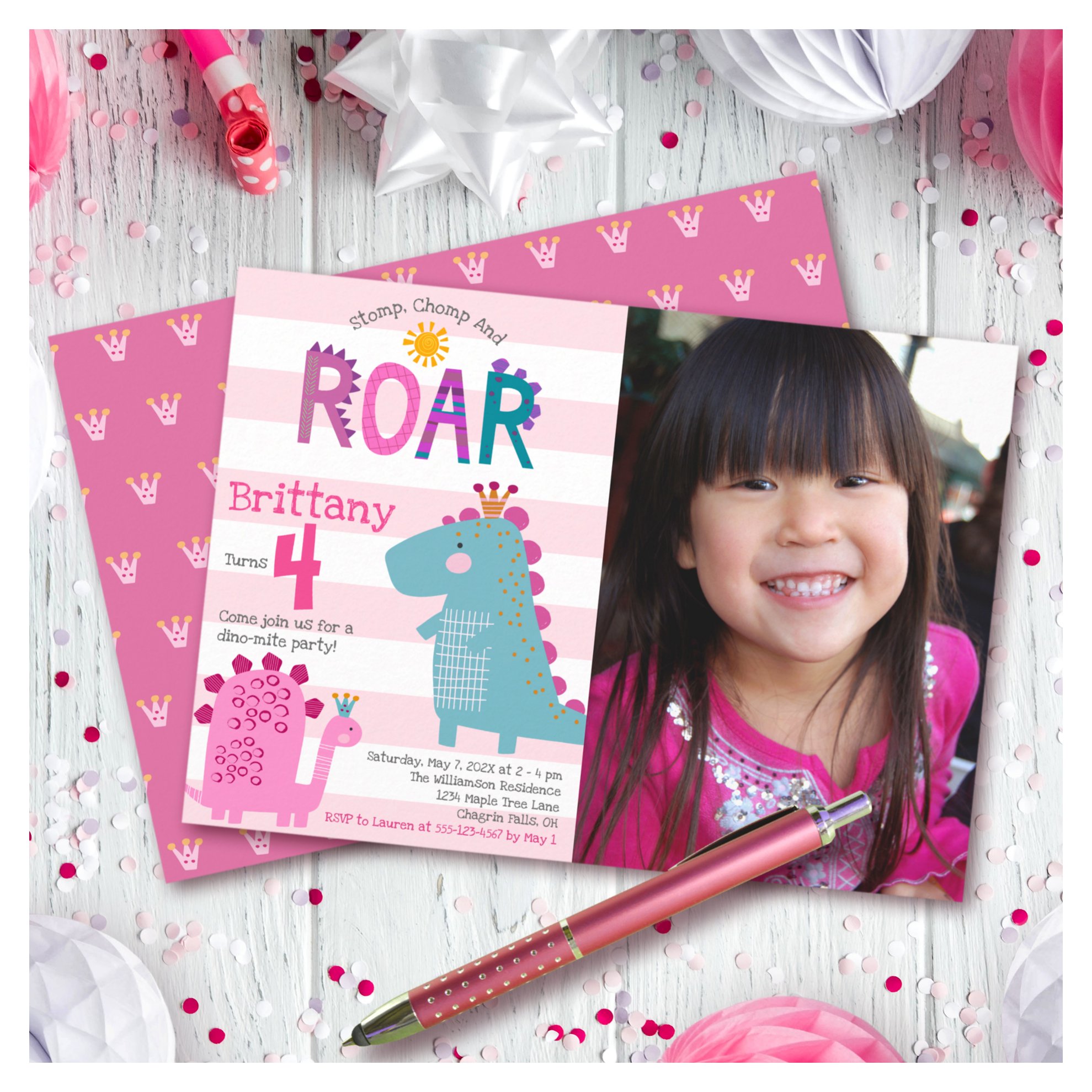 Photo Cute Dinosaur Stomp Chomp Roar Girl Birthday Invitation