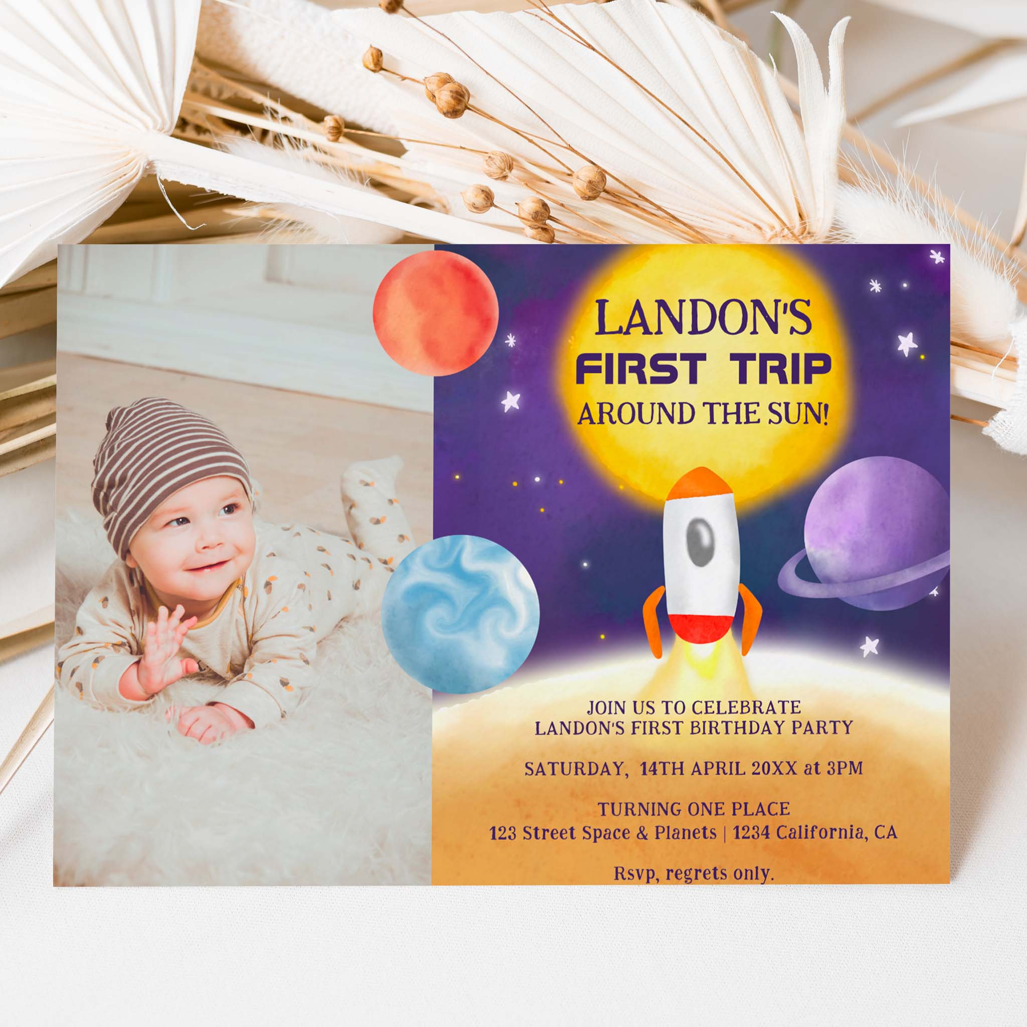 Photo space First trip around the sun 1st birthday Invitation
