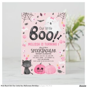 Pink Black Girl Our Little Boo Halloween Birthday Invitation
