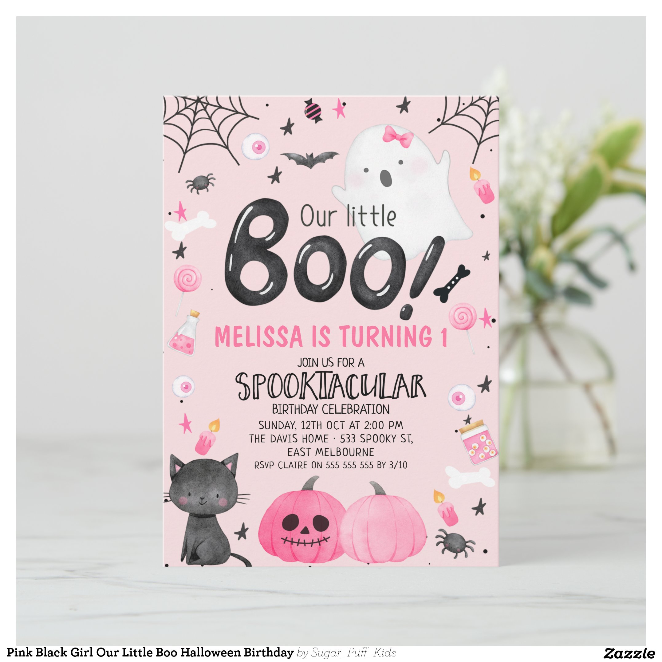 Pink Black Girl Our Little Boo Halloween Birthday Invitation