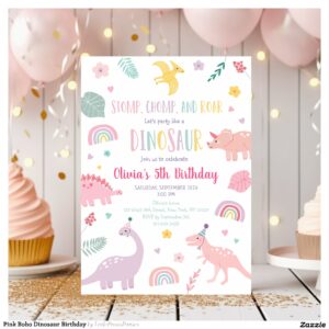Pink Boho Dinosaur Birthday Invitation