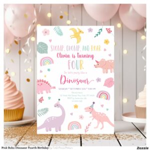 Pink Boho Dinosaur Fourth Birthday Invitation
