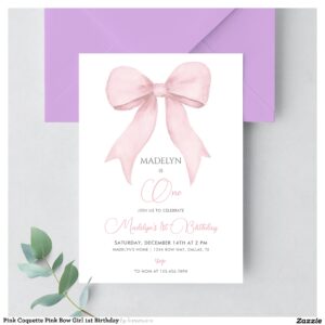 Pink Coquette Pink Bow Girl 1st Birthday Invitation