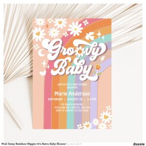 Pink Daisy Rainbow Hippie 70's Retro Baby Shower Invitation