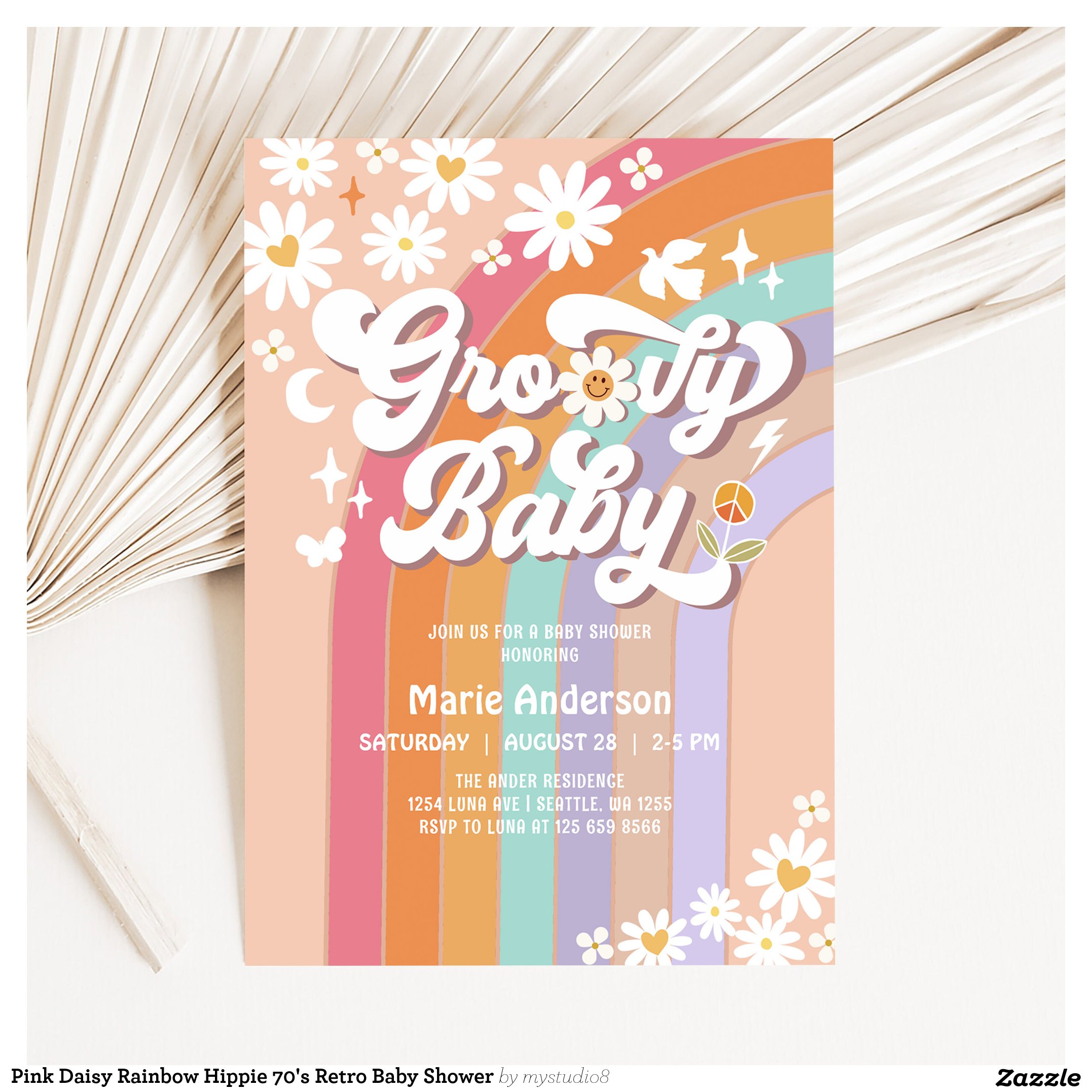 Pink Daisy Rainbow Hippie 70's Retro Baby Shower Invitation