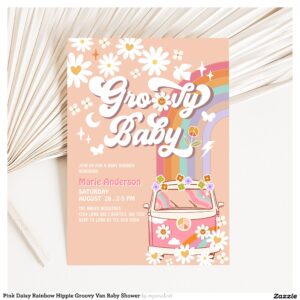 Pink Daisy Rainbow Hippie Groovy Van Baby Shower Invitation