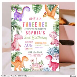 Pink Dinosaur Three Rex GIRL Birthday Invitation