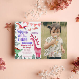 Pink Dinosaur Young Wild &Three Watercolor Photo Invitation