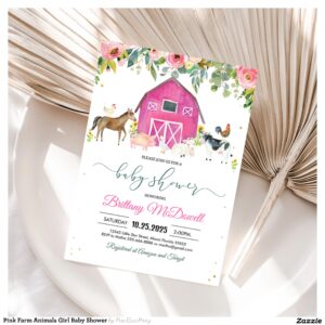 Pink Farm Animals Girl Baby Shower Invitation