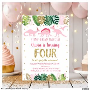Pink Girl Dinosaur Fourth Birthday Invitation