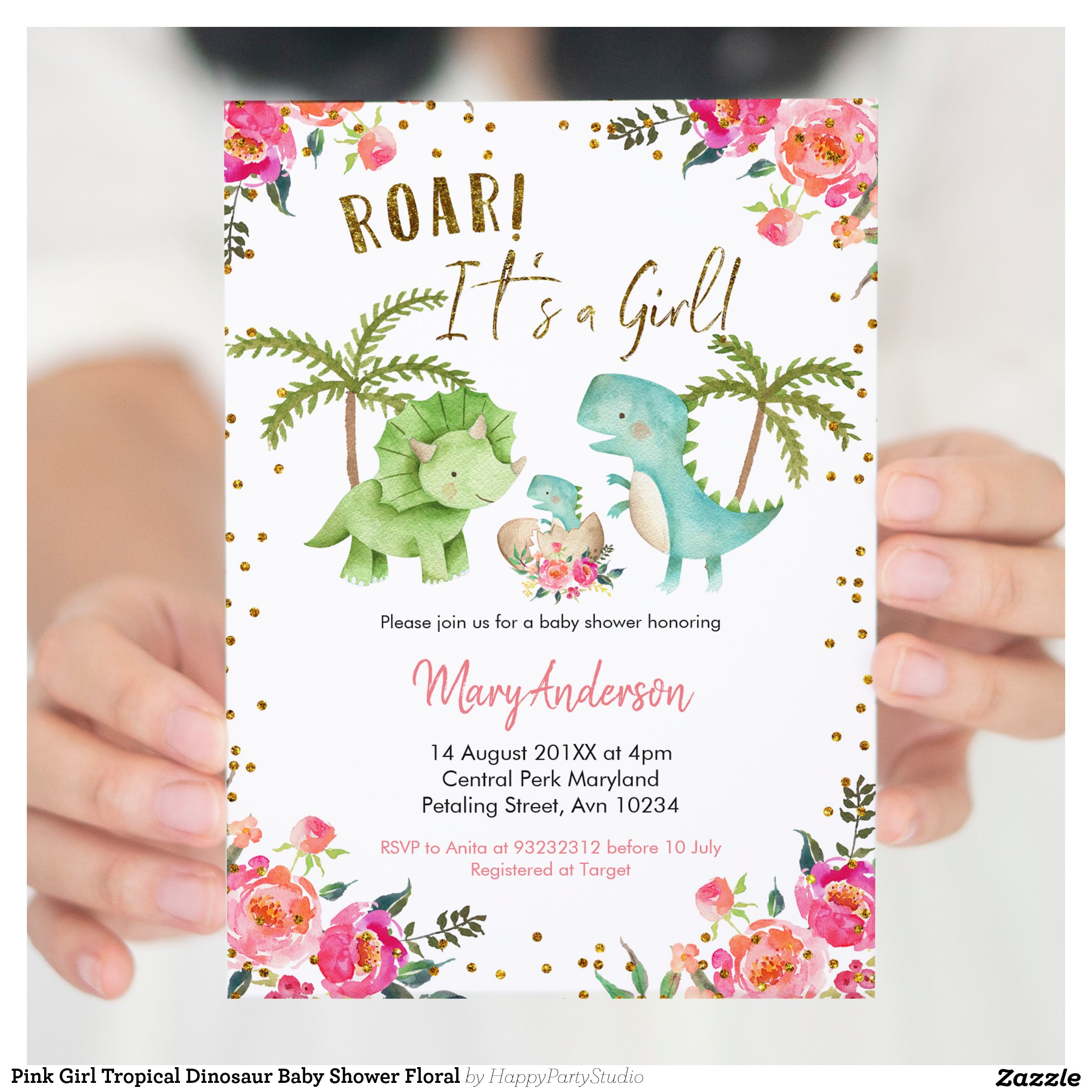 Pink Girl Tropical Dinosaur Baby Shower Floral Invitation