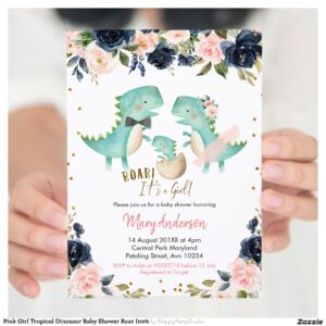 Pink Girl Tropical Dinosaur Baby Shower Roar Invit Invitation