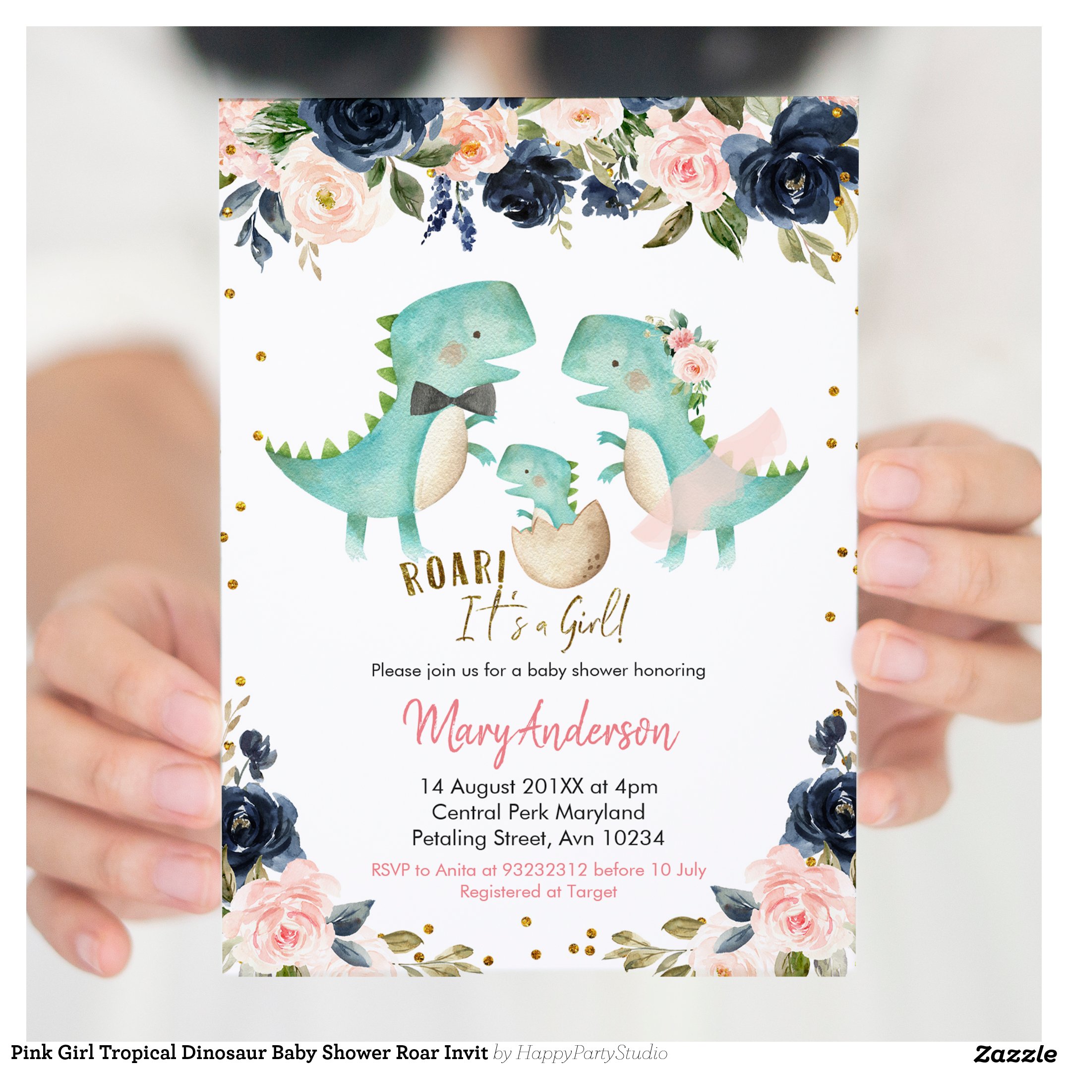 Pink Girl Tropical Dinosaur Baby Shower Roar Invit Invitation