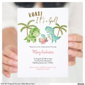 Pink Girl Tropical Dinosaur Baby Shower Roar Invitation