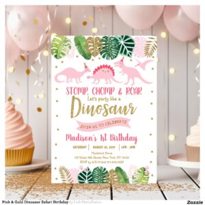 Pink & Gold Dinosaur Safari Birthday Invitation