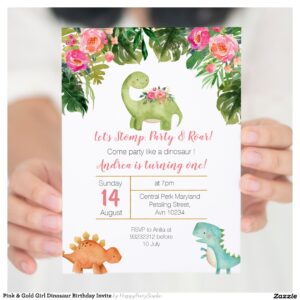 Pink & Gold Girl Dinosaur Birthday Invite