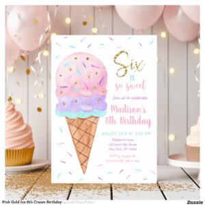Pink Gold Ice 6th Cream Birthday Invitation