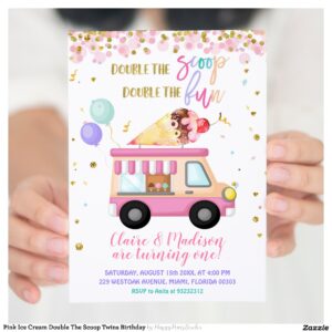 Pink Ice Cream Double The Scoop Twins Birthday Invitation