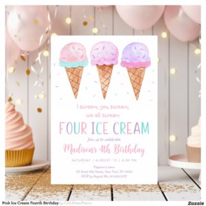 Pink Ice Cream Fourth Birthday Invitation