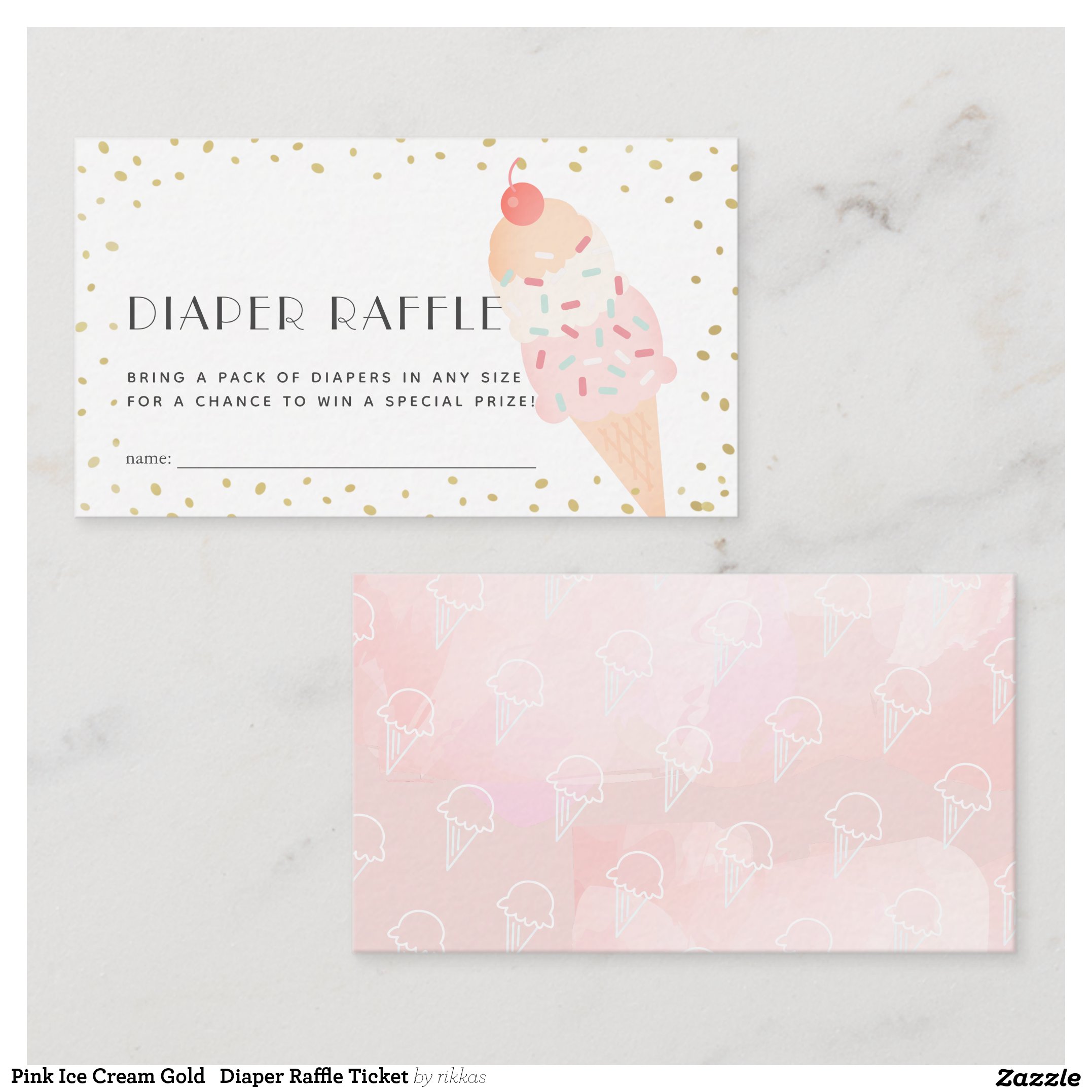Pink Ice Cream Gold Diaper Raffle Ticket Enclosure Card
