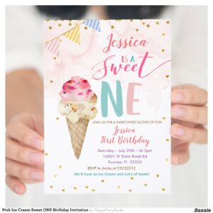 Pink Ice Cream Sweet ONE Birthday Invitation
