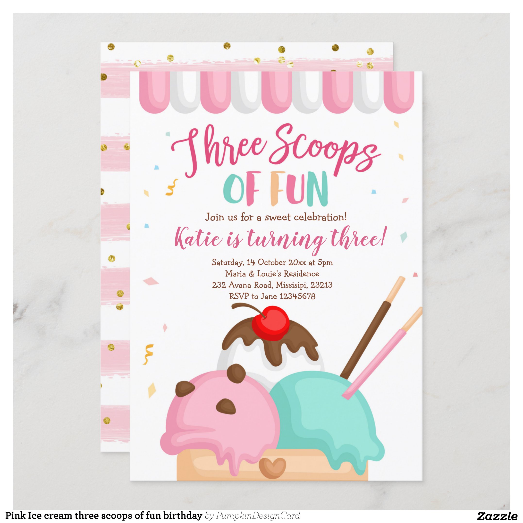 Pink Ice cream three scoops of fun birthday Invitation