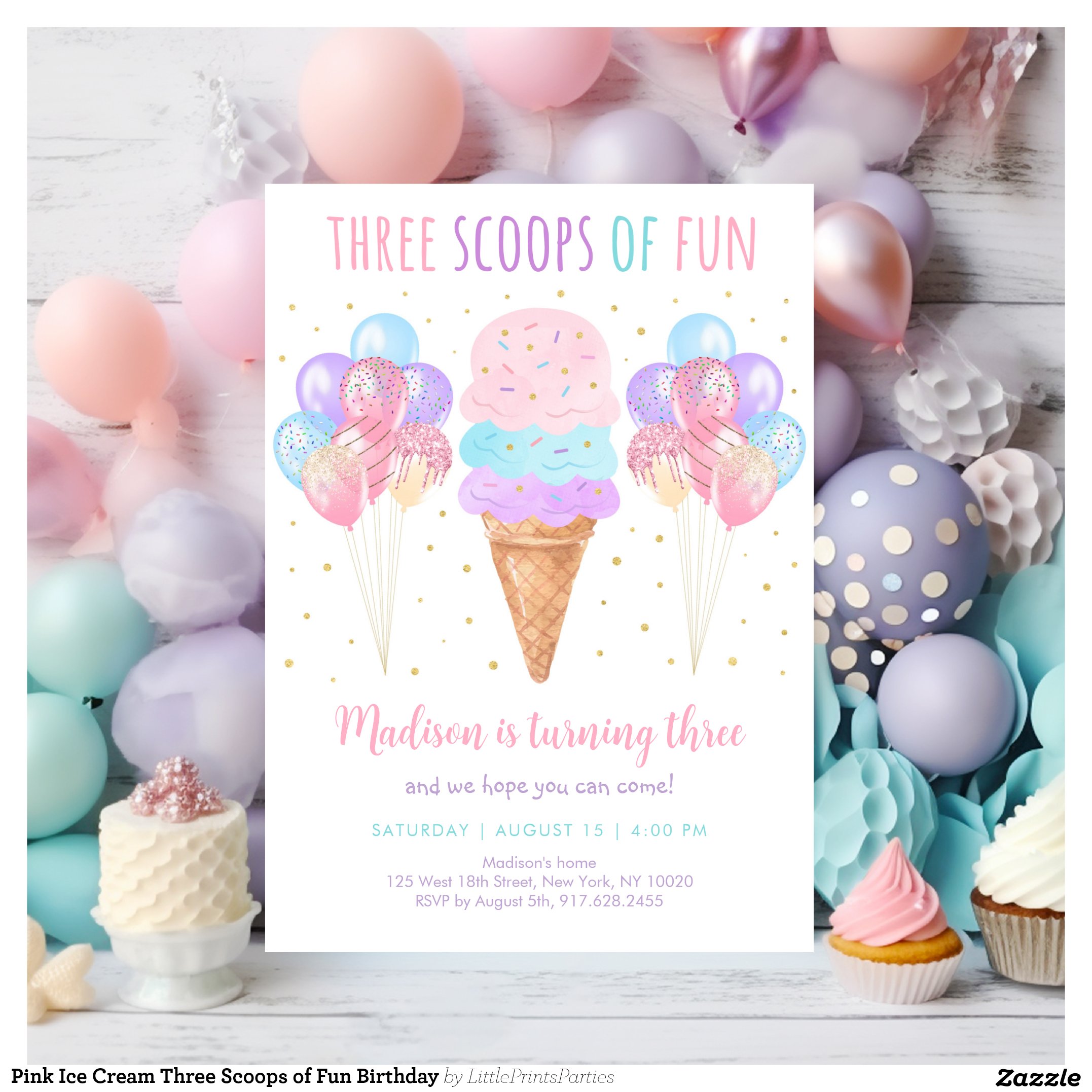 Pink Ice Cream Three Scoops of Fun Birthday Invitation