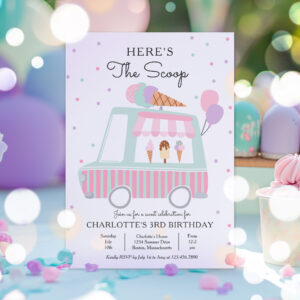Pink Ice Cream Truck Here's The Scoop Birthday Invitation