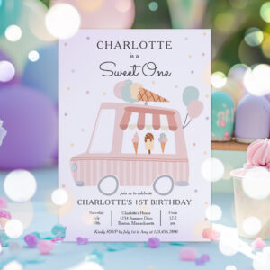 Pink Ice Cream Truck Sweet One 1st Birthday Party Invitation