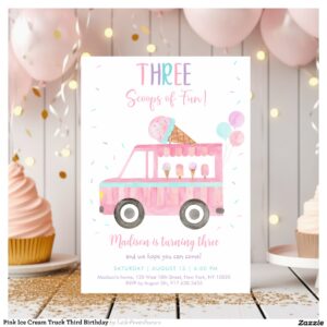 Pink Ice Cream Truck Third Birthday Invitation