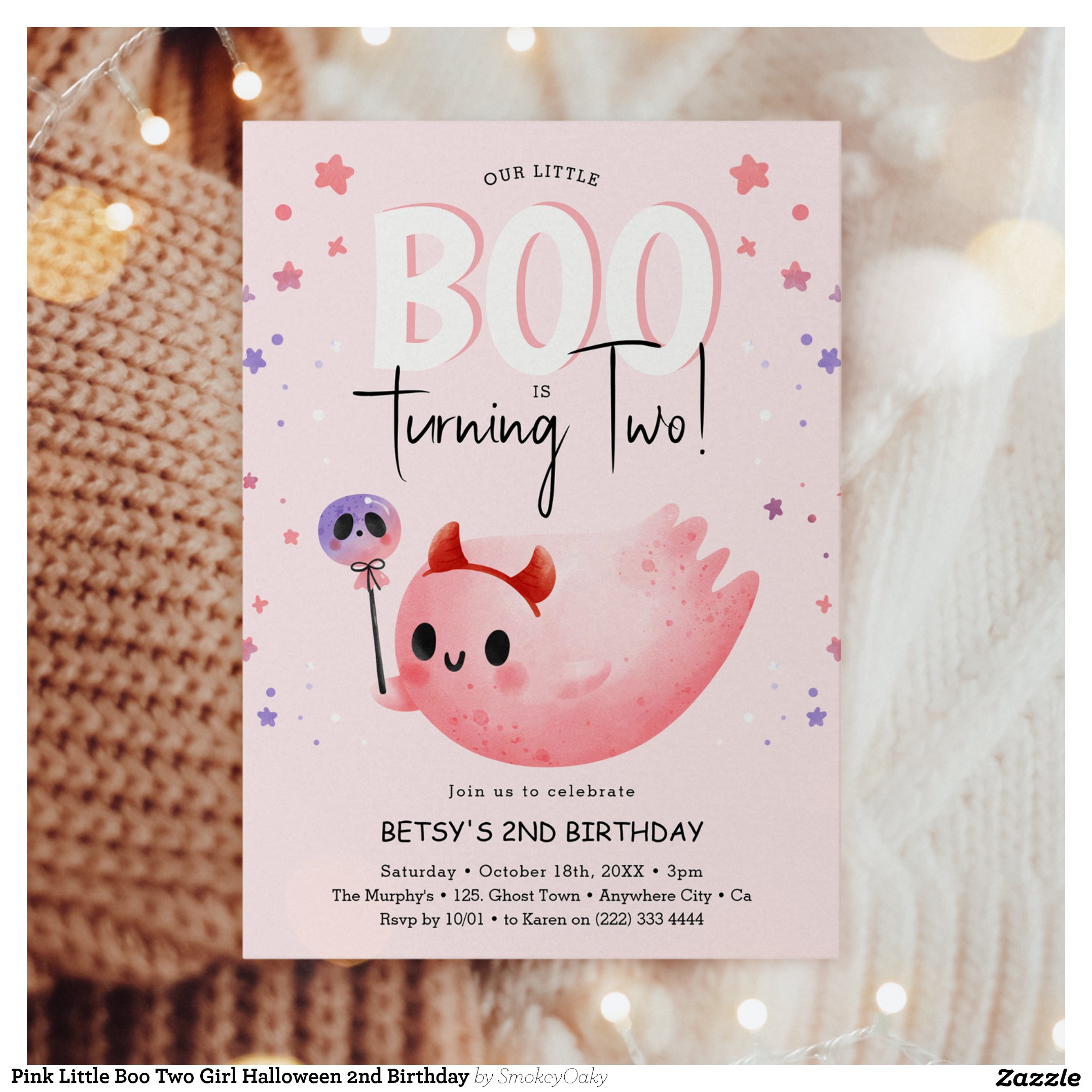 Pink Little Boo Two Girl Halloween 2nd Birthday Invitation