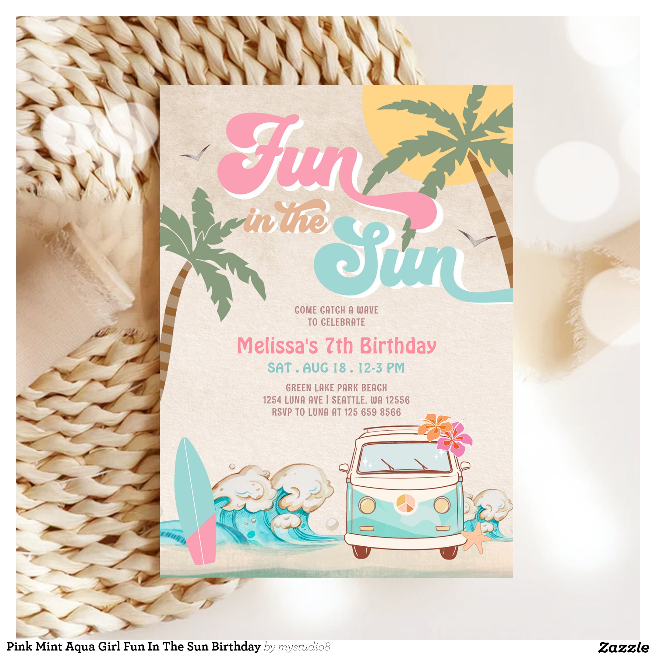 Pink Mint Aqua Girl Fun In The Sun Birthday Invitation