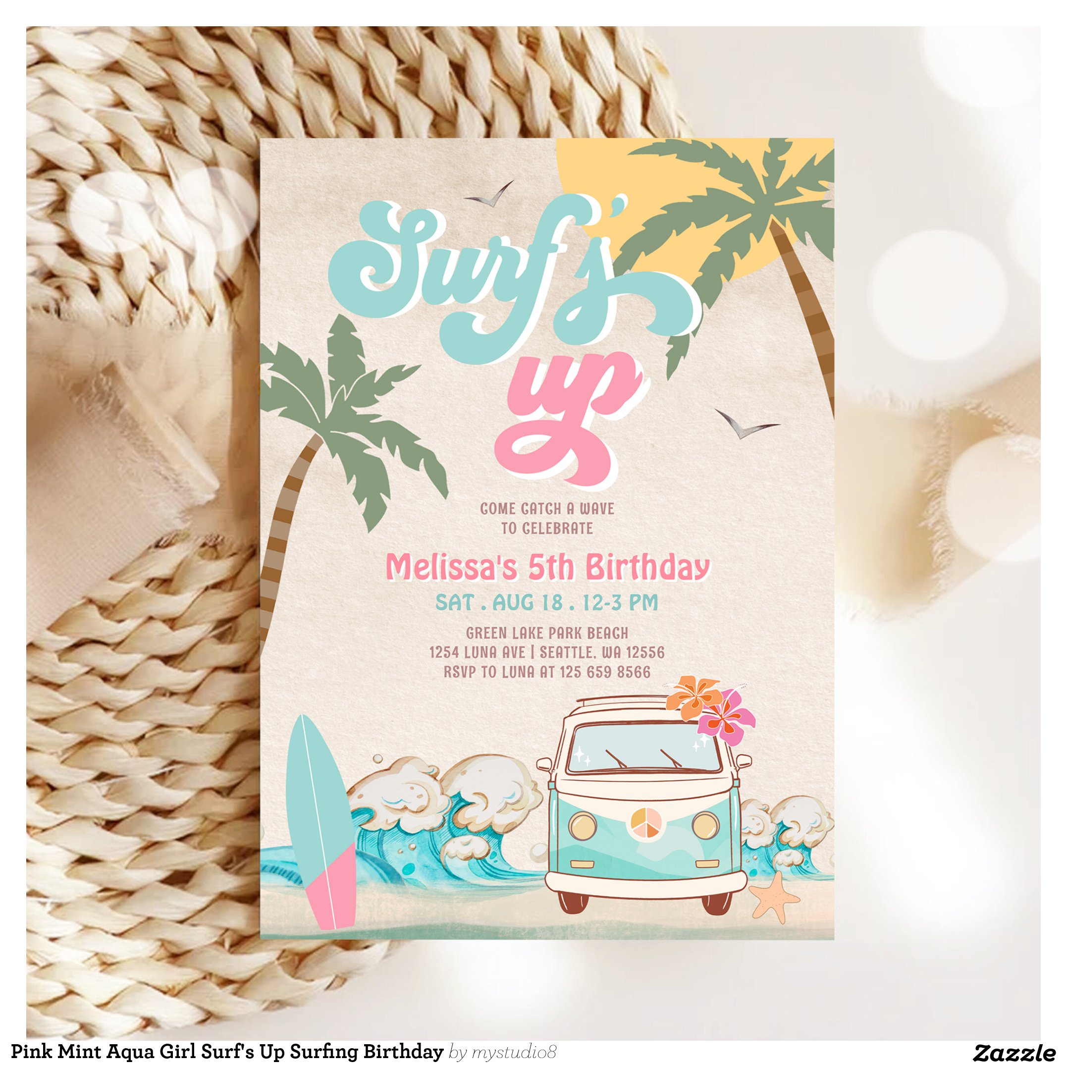 Pink Mint Aqua Girl Surf's Up Surfing Birthday Invitation
