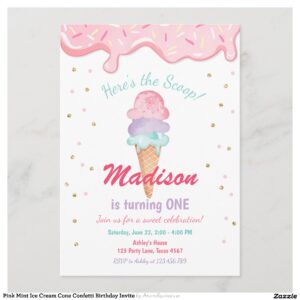 Pink Mint Ice Cream Cone Confetti Birthday Invite