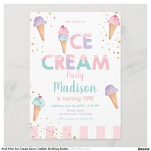 Pink Mint Ice Cream Cone Confetti Birthday Invite
