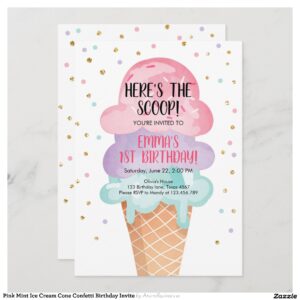 Pink Mint Ice Cream Cone Confetti Birthday Invite