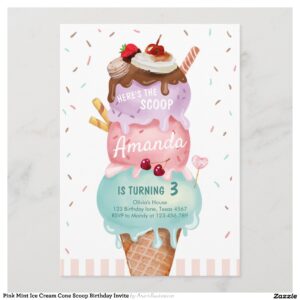 Pink Mint Ice Cream Cone Scoop Birthday Invite