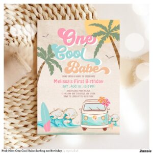 Pink Mint One Cool Babe Surfing 1st Birthday Invitation