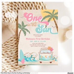 Pink Mint One in the Sun Surfing 1st Birthday Invitation
