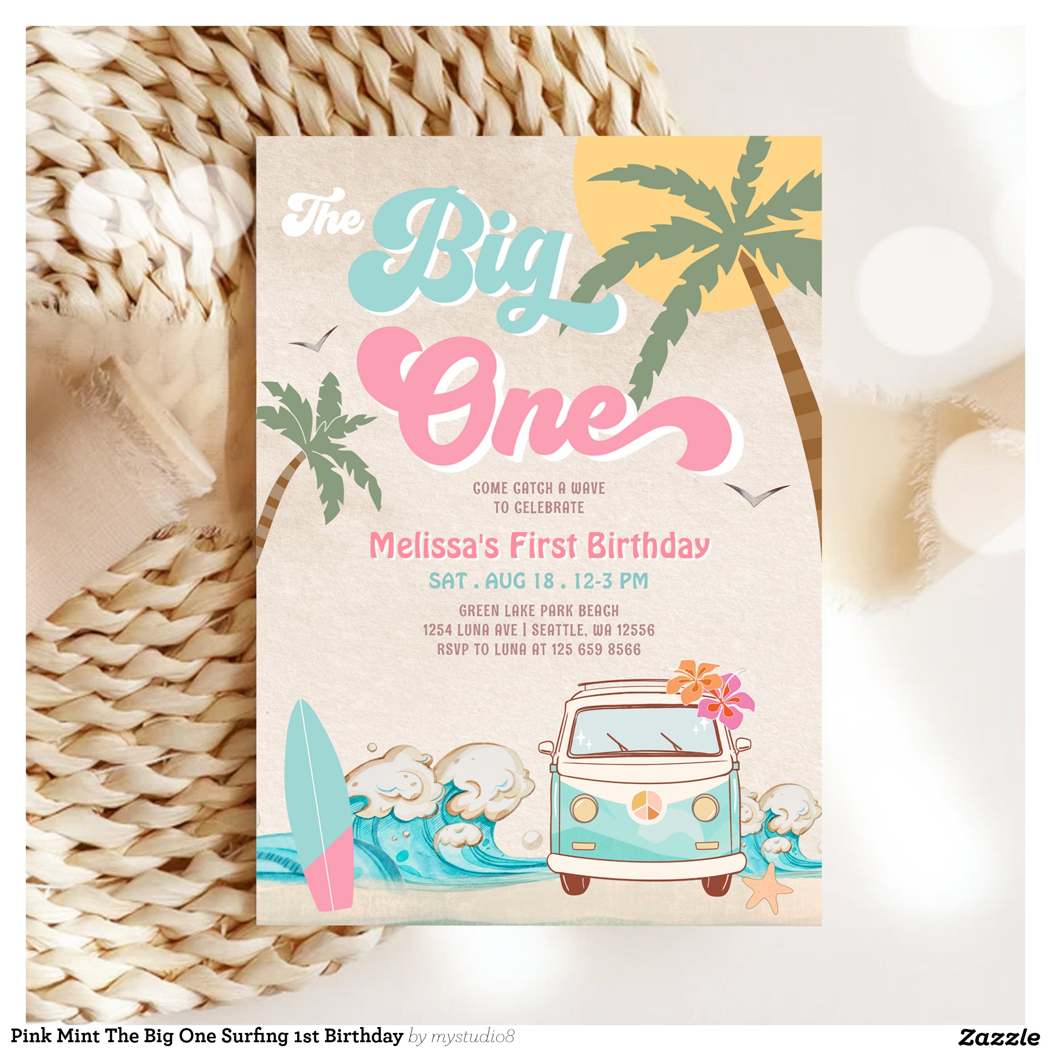 Pink Mint The Big One Surfing 1st Birthday Invitation