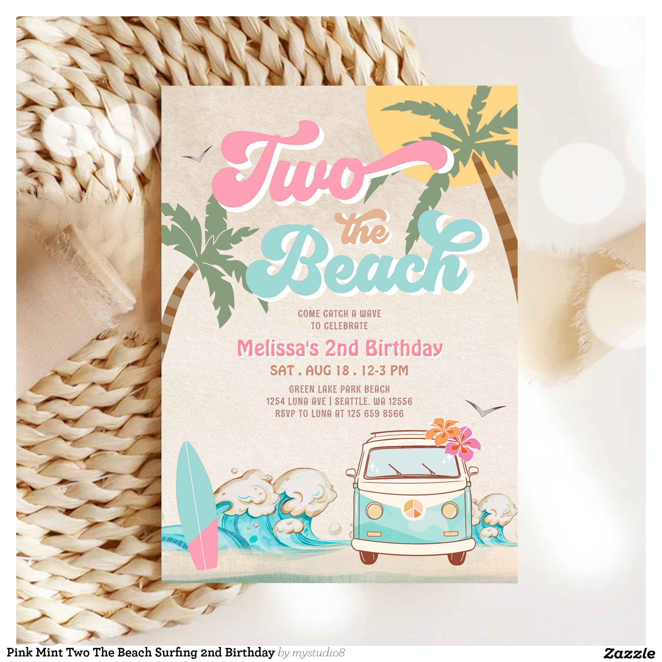 Pink Mint Two The Beach Surfing 2nd Birthday Invitation