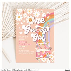 Pink One Groovy Girl Daisy Rainbow 1st Birthday Invitation