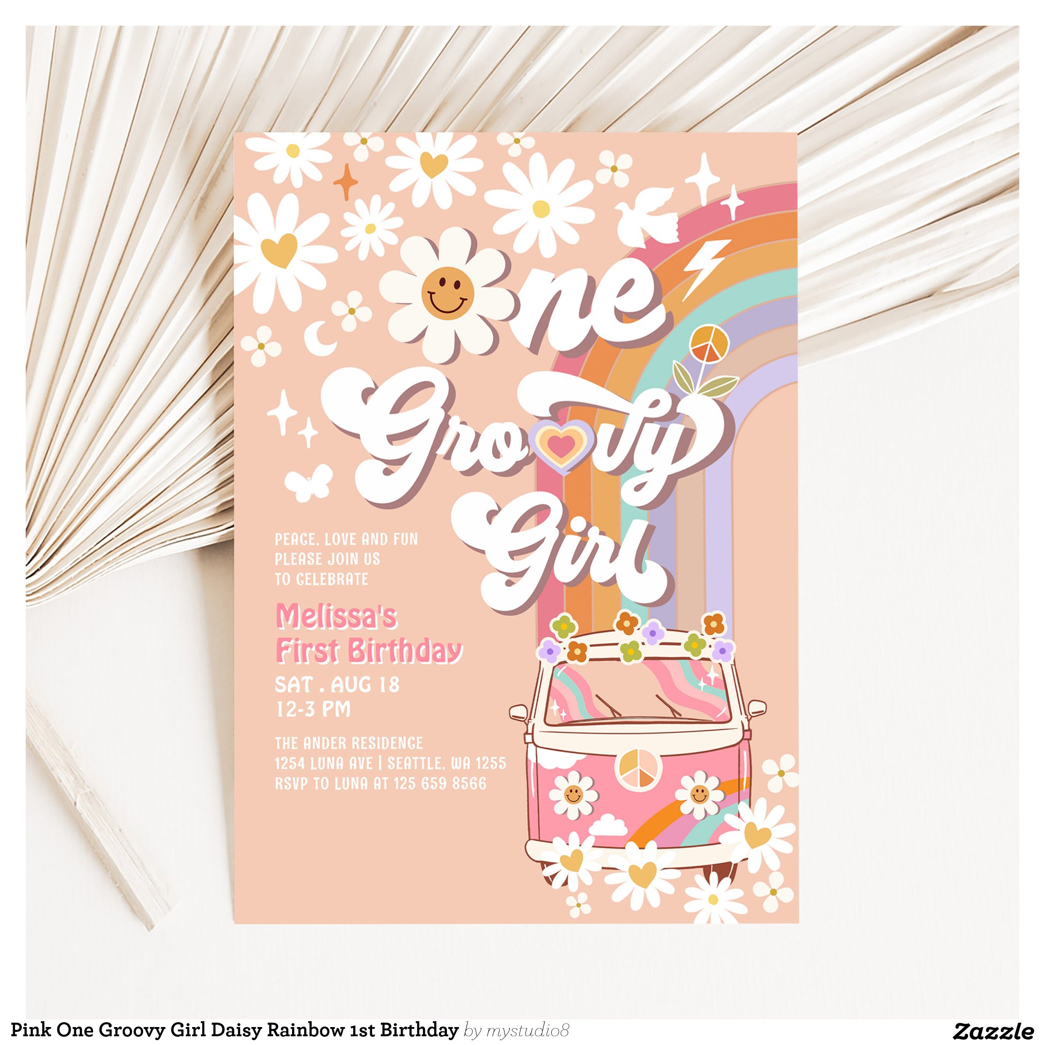 Pink One Groovy Girl Daisy Rainbow 1st Birthday Invitation