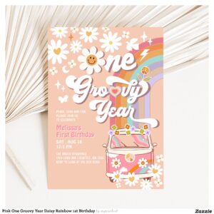Pink One Groovy Year Daisy Rainbow 1st Birthday Invitation